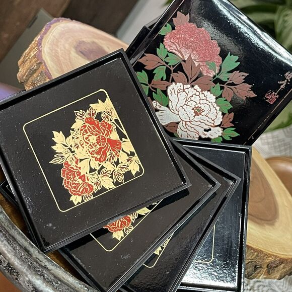 Vintage‎ Japanese Lacquerware Coaster Set with Box – Hand-Painted Floral Gold - Picture 5 of 9